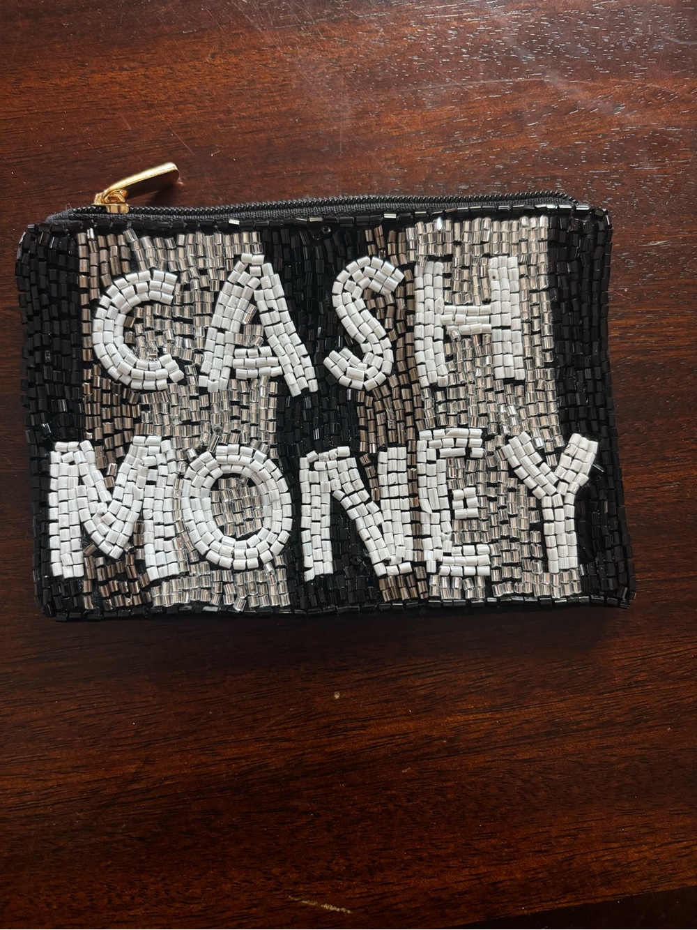 Beaded 'CASH MONEY' Coin Pouch - Black, Silver & White